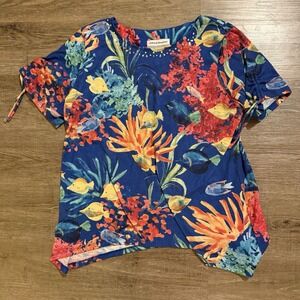 Alfred Dunner Bright Multicolor Tropical Fish Short Sleeve Top Shirt PM Resort